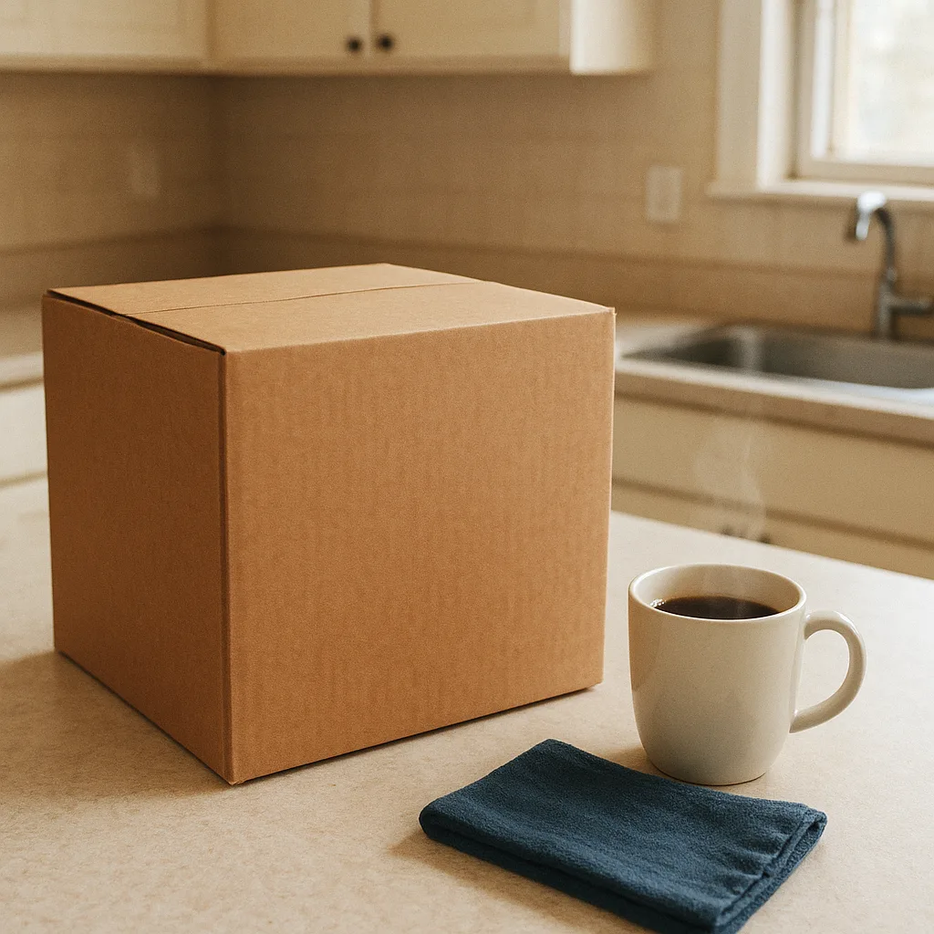 Caixa de encomenda fechada sobre a bancada da cozinha, ao lado de uma xícara de café